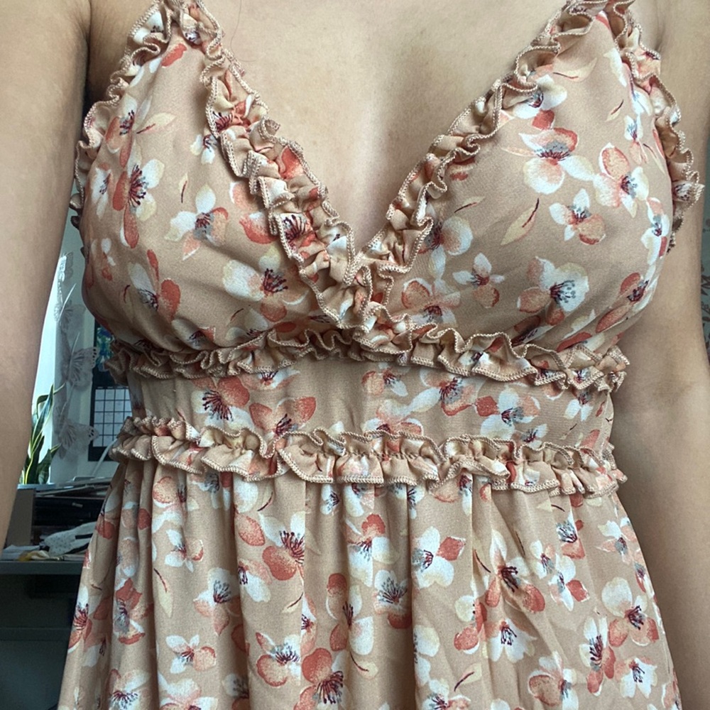 The cutest peach colored floral dress
